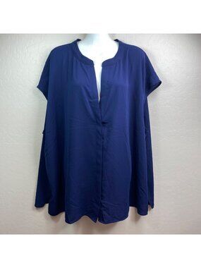 Eloquii Womens Tunic Top Navy Blue Side Slits Collarless Neckline Size 26 4XL